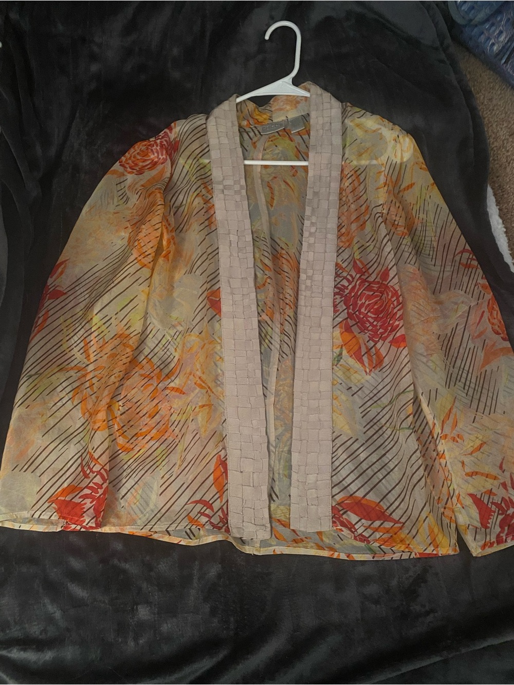 Chico's Sheer Floral Open-Front Jacket in Beige, Orange and Red